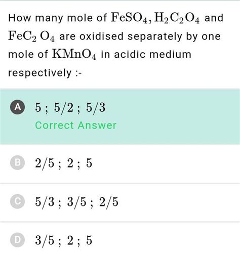 How many mole of FeSO4 ,H2 C2 O4 and FeC2 O4 are oxidised separately by..
