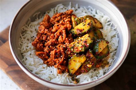 Korean Ground Turkey Rice Bowls with Cucumber Kimchi