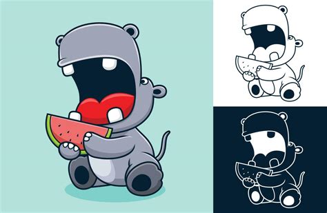 Vector illustration of cartoon funny hippo eating watermelon 24085055 ...