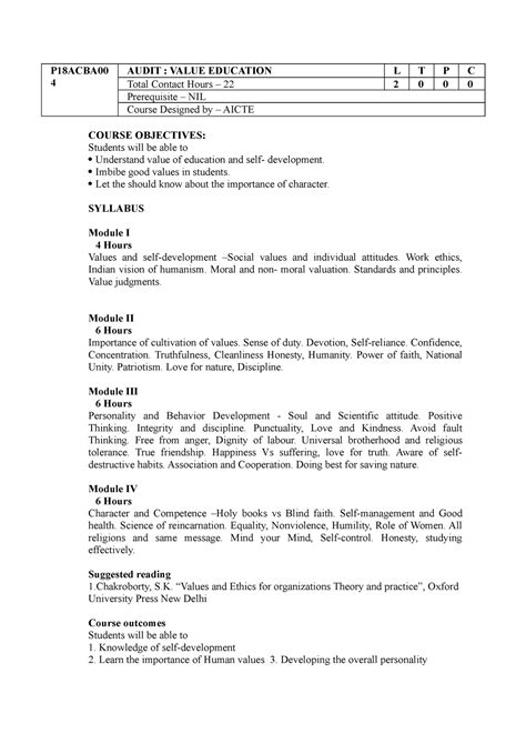 P18ACBA004 Value Education ( Audit Course) - Studocu