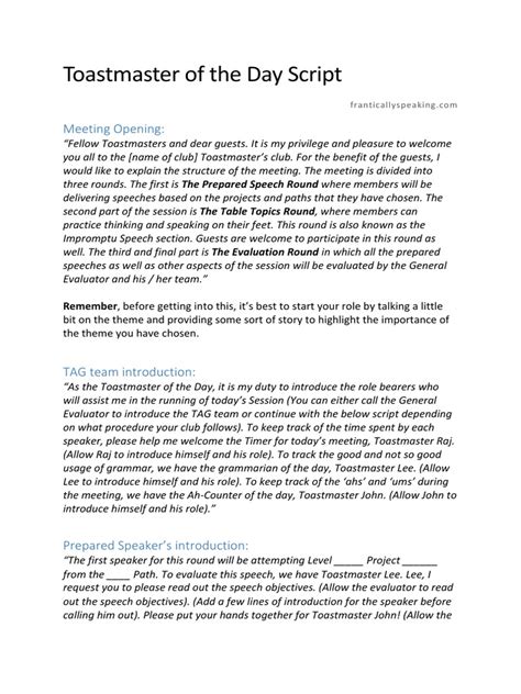 Image result for Toastmaster Role Script