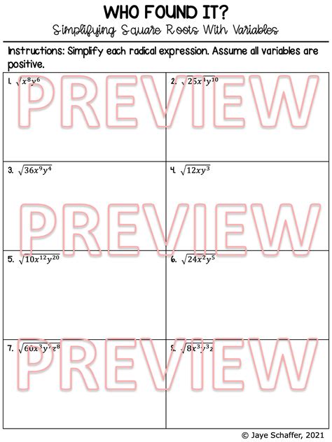 Simplifying Square Root Radicals with Variables Clue Mystery Activity | Made By Teachers