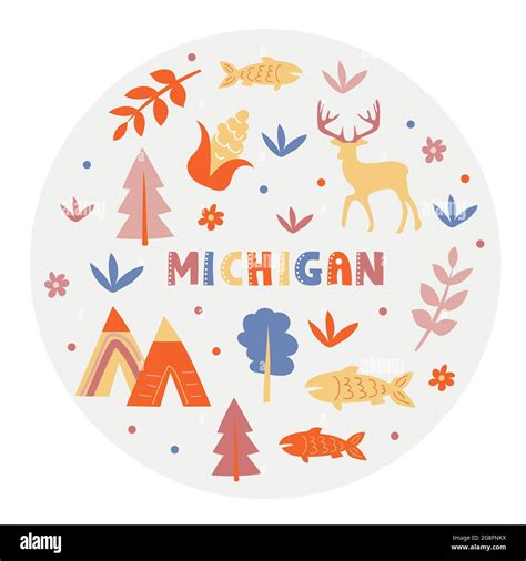 USA collection. Vector illustration of Michigan. State Symbols - round ...