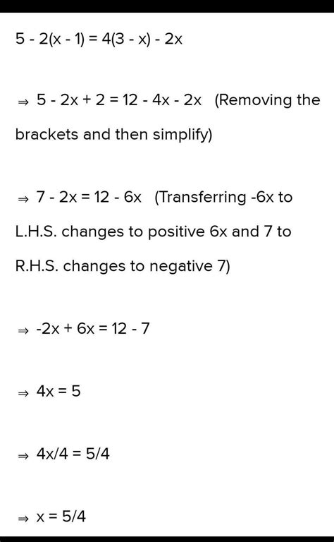 Solve: 5 - 2(x - 1) = 4(3 - x) - 2x. - Brainly.in