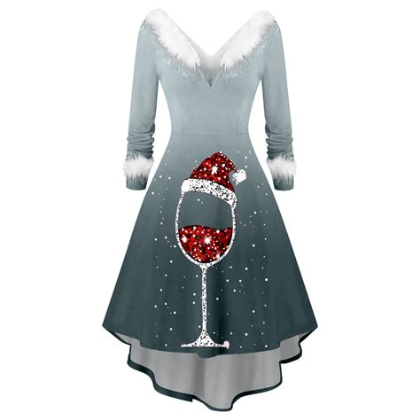 DHFJKG Christmas Dresses For Women Fuzzy Trim Deep V Neck Long Sleeve ...