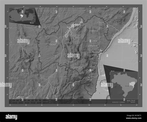 Bahia, state of Brazil. Bilevel elevation map with lakes and rivers. Locations and names of ...