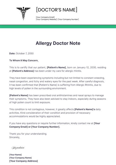 Free Allergy Doctor Note Template to Edit Online
