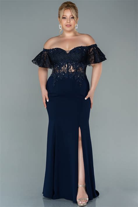 Long Navy Blue Dantelle Plus Size Evening Dress ABU2571 | Abiyefon.com
