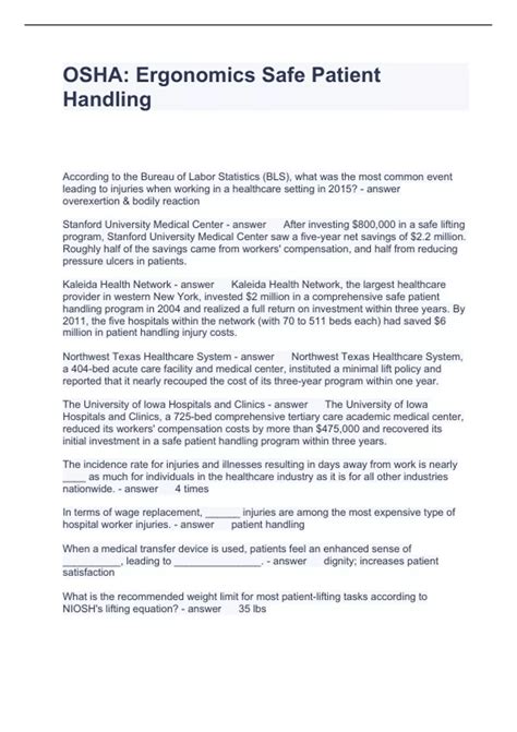 OSHA. Ergonomics Safe Patient Handling Questions and Answers 2024 ...