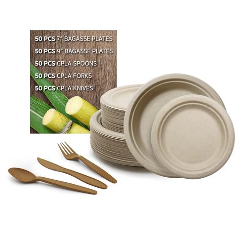 PAMI 250-Piece Biodegradable Dinnerware Set With 100 Bagasse Plates, 50 ...
