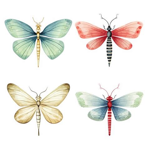 Four different colored butterflies with wings and a bug on the back ...