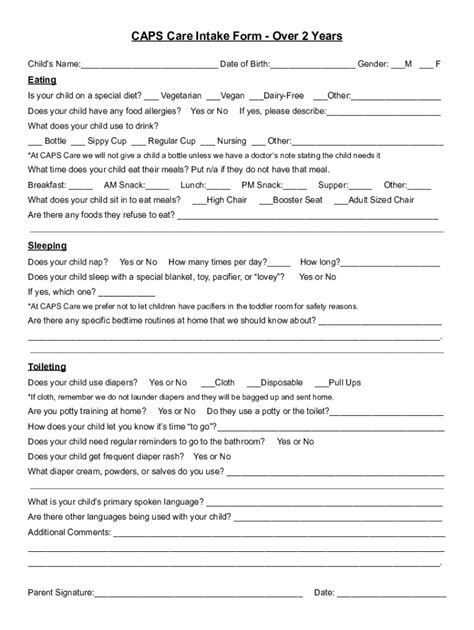 Fillable Online CAPS Care Intake Form - Over 2 Years Fax Email Print ...