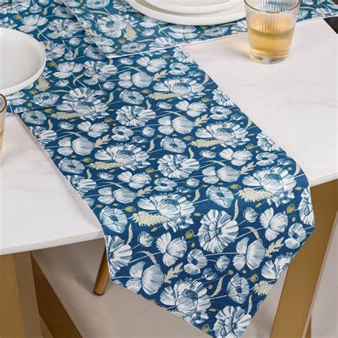 Floral Dining Cotton Printed Table Runner Royal Blue For 6 Seater ...