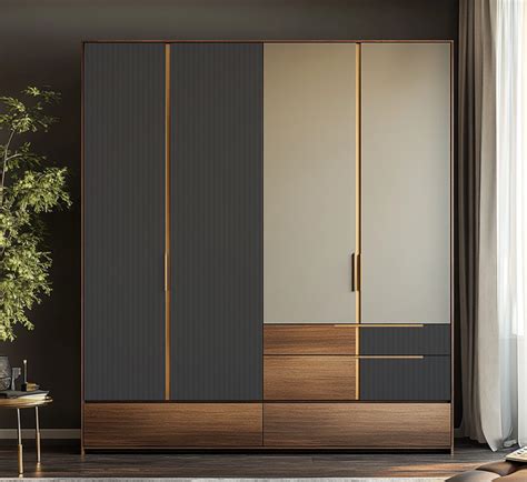 Luxurious Dual-Tone Wardrobe with Dark Grey and Wood Laminate Finish