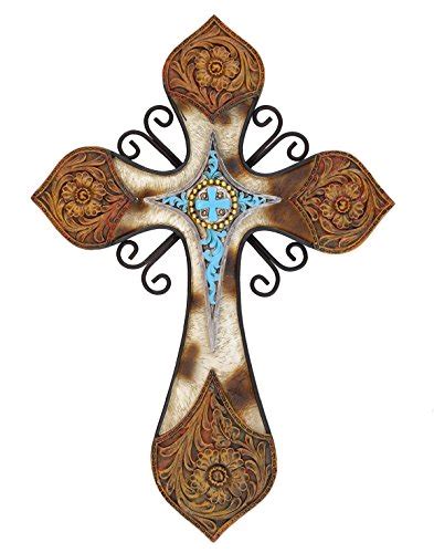 Cowhide Tooled Leather Cross With Turquoise Layer In Resin Metal ...