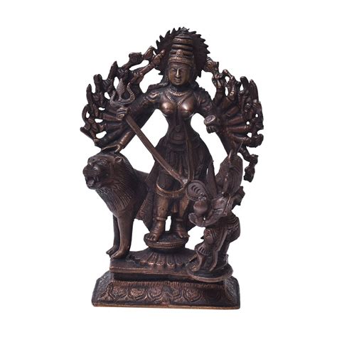 Copper Statue Of Goddess Durga Killing Mahishasur In Dark Finish