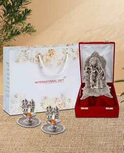 INTERNATIONAL GIFT Silver Radha Krishna Idol Murti With 2 Diya | Box ...