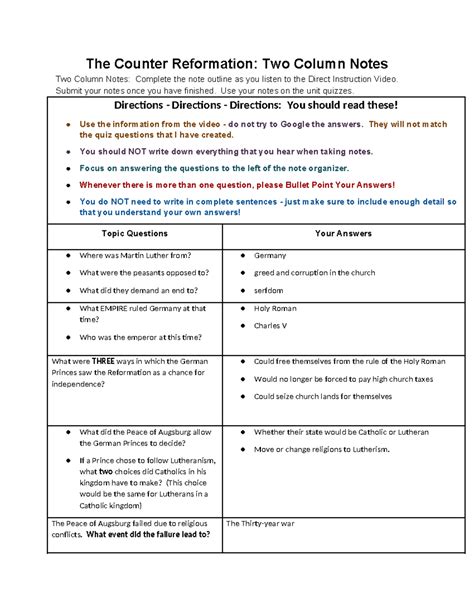 World history The Counter Reformation 2 Column Notes - The Counter ...
