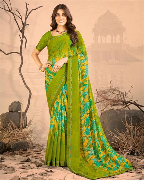 Vishal Prints Olive Green Printed Chiffon Saree With Fancy Border