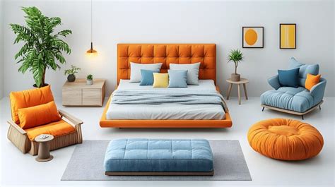 Modern bed armchair and sofa set rendered in 3d isometric cartoon style ...