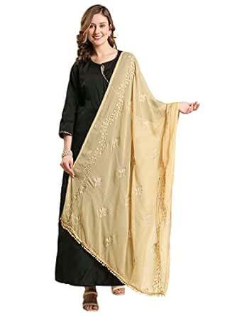 DUPATTA BAZAAR Women's Embroidered Beige Chiffon Dupatta with Pom Pom ...