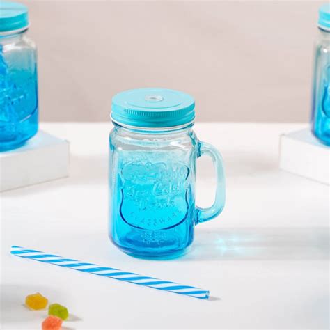 Tutti Frutti Set of 4 Glass Mug Blue with Lid and Straw 400ml Online ...