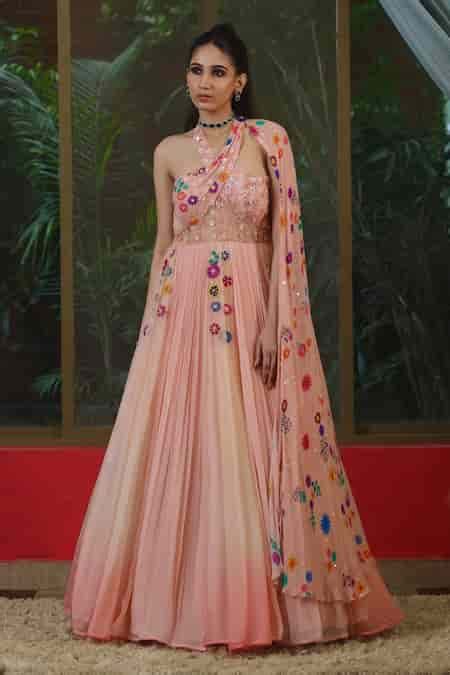 Buy Peach Organza, Net, Georgette Sequins, Floral Bloom Pattern Drape ...