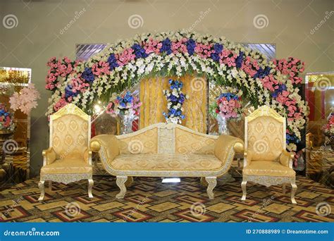 Marriage Stage Pink Blue White Flowers with Golden Sofa Stock Image - Image of stage, hall ...