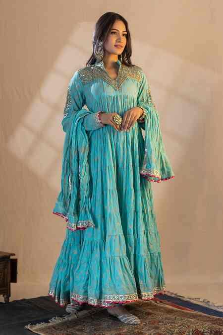 Buy Blue Cotton Printed Floral Band Collar Tiered Anarkali Set For ...