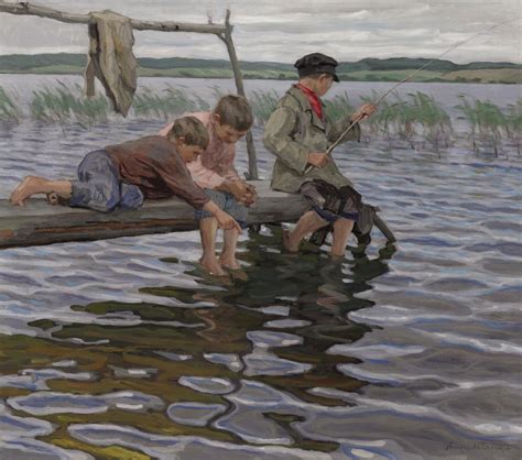 Nikolai Bogdanov-Belsky (1866-1945) , Boys fishing off a pier | Christie's