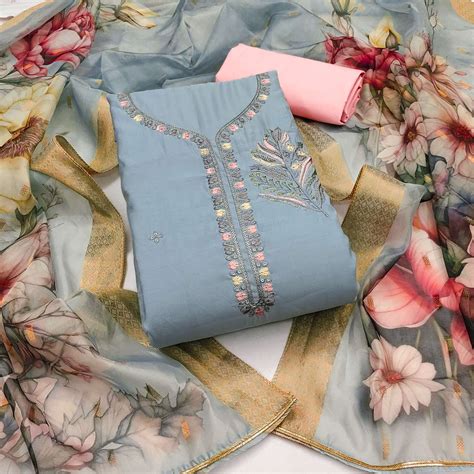 Offwhite Floral Embroidered Cotton Silk Dress Material