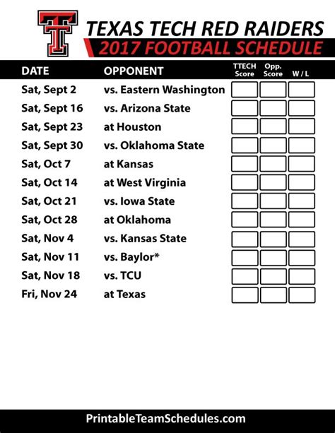 Printable Texas Tech 2025-25 Football Schedule