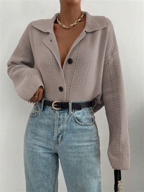 SHEIN LUNE Drop Shoulder Button Front Cardigan,Long Sleeve Tops | SHEIN USA