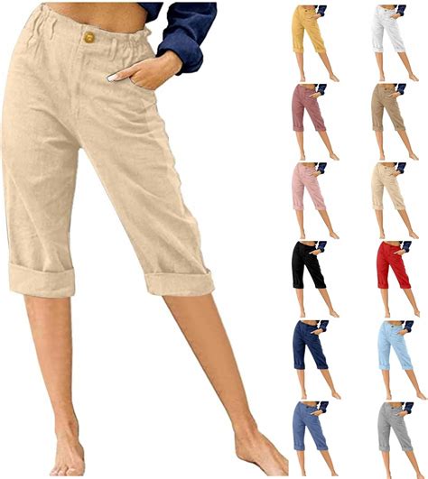 APIVOE Linen Capri Pants for Women Summer Casual Elastic Waist Cropped ...