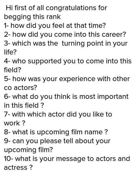frame 10 question to interview an famous actor or actress - Brainly.in