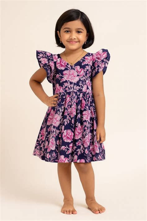 Kids Dark Blue Pink Floral Cotton Frock CF377 - Prince N Princess ...