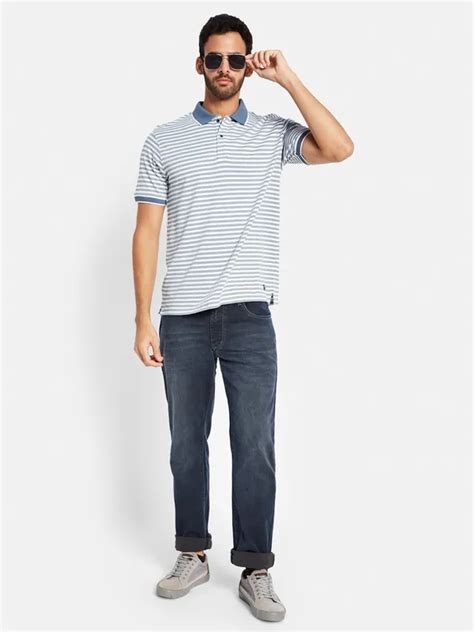 Octave Men Blue Striped Polo Collar Pockets T-shirt