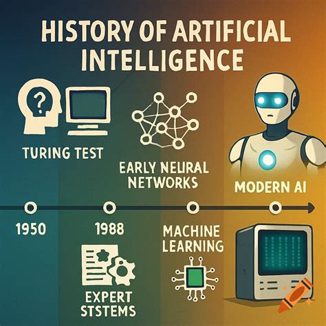 An infographic timeline depicting the history of artificial intelligence. Milestones include ...