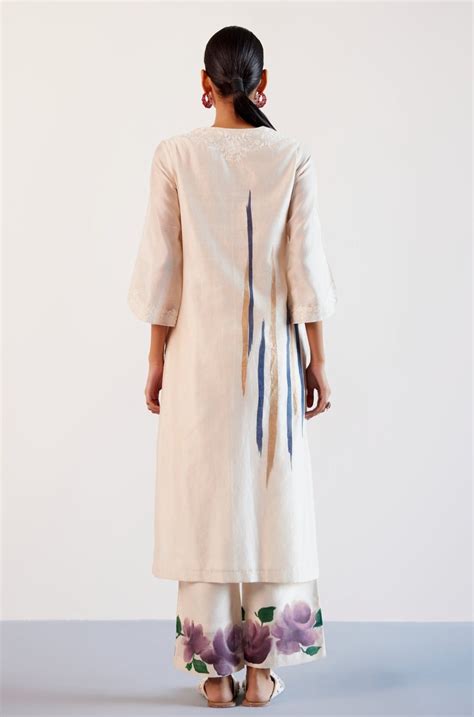 Devnaagri - Beige and Mauve Silk Chanderi Hand-Painted Embroidered ...