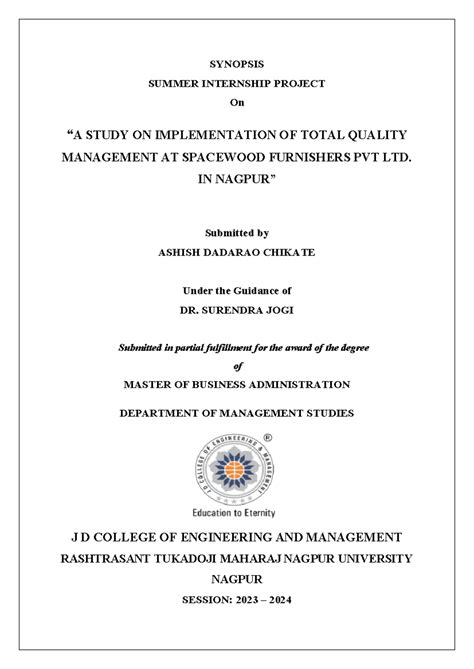 Ashish SIP Synopsis - SYNOPSIS SUMMER INTERNSHIP PROJECT On “A STUDY ON ...