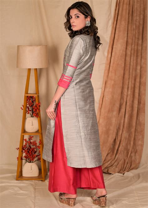 Classy Grey Cotton Silk Kurta with Hand Embroidered Lotus Motif on Yok ...