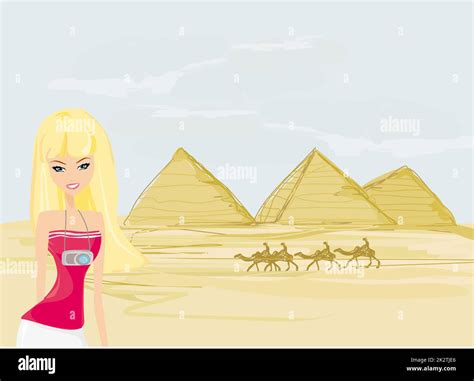 Women on background the pyramids in Giza built for the pharaoh Stock Photo - Alamy