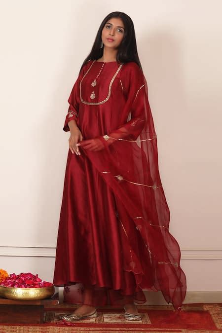 Buy Maroon Silk Chanderi Round Embroidered Anarkali Set For Women by ...