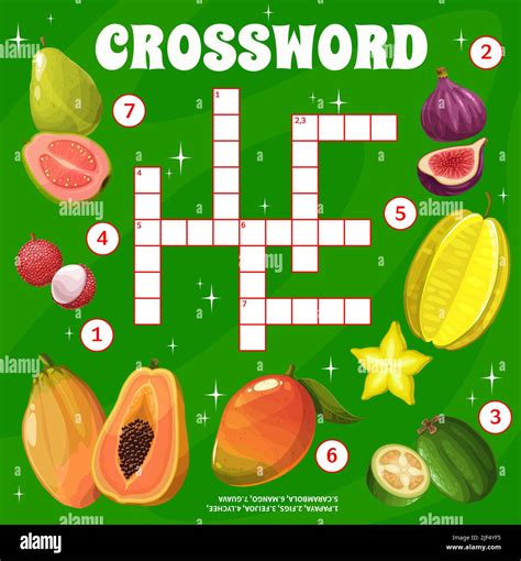 Tropical raw fruits crossword grid, find a word quiz game. Cartoon ...