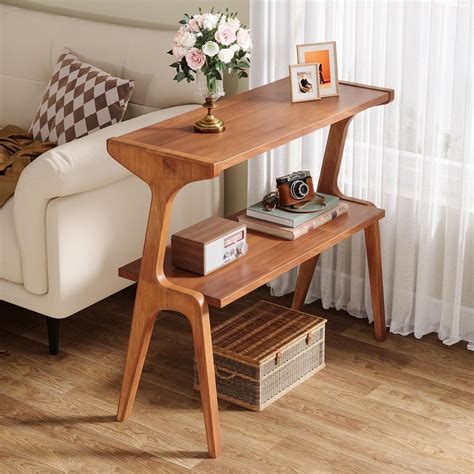 Tribesigns Wood Side Table, 2-Tier Modern Tall End Table with Storage Shelves, Slim Couch Side ...