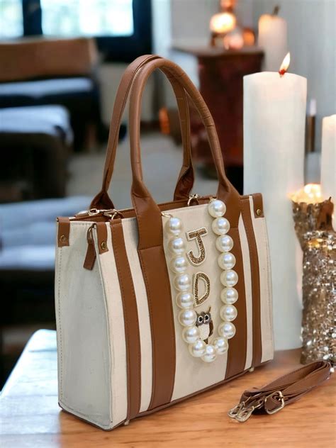 PERSONALIZED BEIGE TAN CANVAS PEARL BAG – nadoralifestyle.com