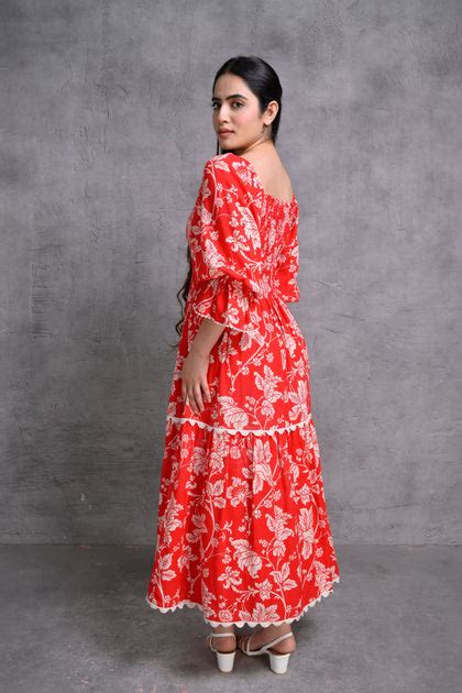 Red Floral Print Maxi Dress with Puff Sleeves – Peppinos Clothing