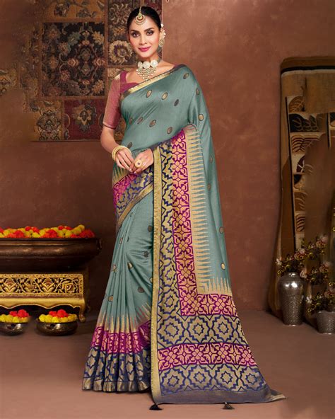 Vishal Prints Greyish Turquoise Silk Brasso Saree With Tassel