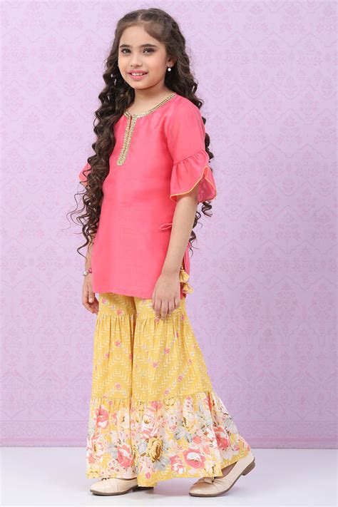 Pink & Yellow Art Silk Straight Kurta Set