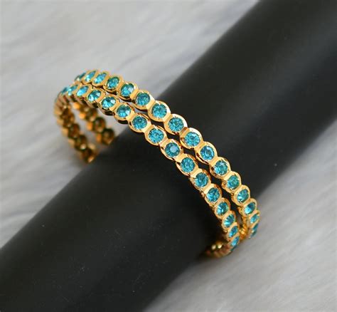 Gold tone sky blue stone south Indian style bangles (2.8) dj-42109 ...